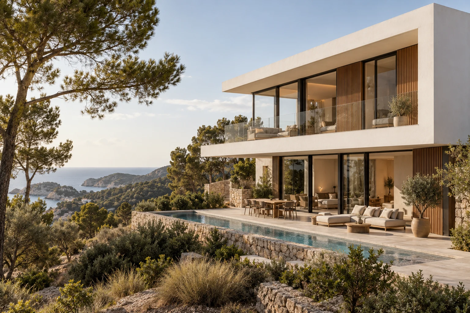 Visualización conceptual de una villa modular contemporánea rodeada de naturaleza